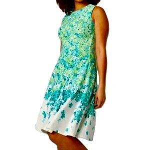 Danny & Nicole Green White Floral Dress Womens SZ 16 Sleeveless Fit &Flare